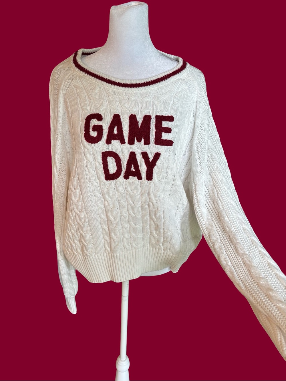 NWT GAME DAY football baseballCable Knit Sweater - Cream with Burgundy Lettering